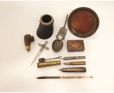 A Newlyn copper vista case with hammered fish detail, pony hoof nip wipe, articulated carved timber boxer dog stick head, etc