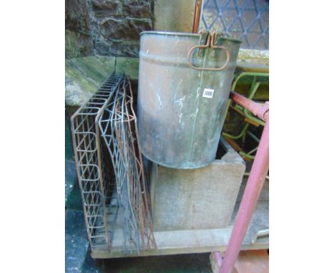 An oval copper tub, further galvanised water tank, vintage ladder, stools, etc.