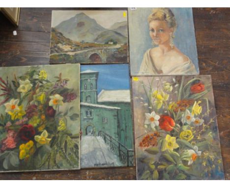 A collection of unframed oil paintings on canvas, subjects including floral studies, portrait studies, continental town scene