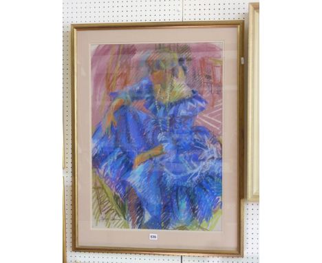 A 20th century pastel study by Susan Sansome showing a portrait of a seated female character in blue ruffled dress, signed bo