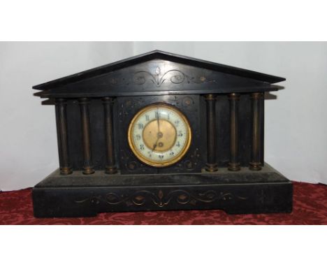 A 19th century black slate architectural mantel clock together with two further vintage clocks and workings (AF) and an Allwy