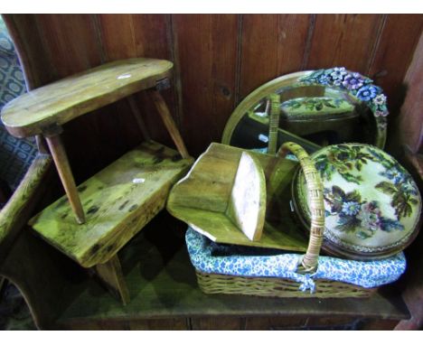 A small stripped and waxed pine settle with enclosed box base, two further 19th century pine stools, corner bracket, wicker b