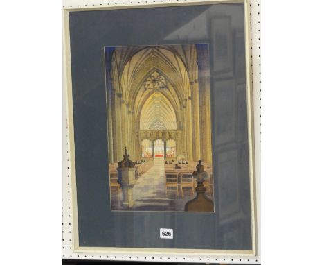 A 20th century watercolour of a church interior scene by Eustace H Button inscribed verso Evensong - Bristol Cathedral, with 