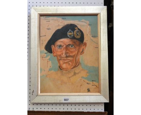 A late 20th century oil painting on canvas, shoulder length portrait of Field Marshal Montgomery shown against a map detailin