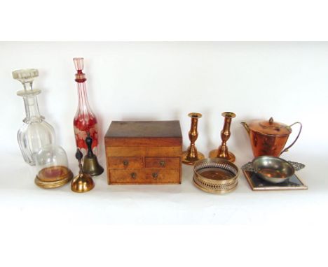 Good mixed miscellaneous lot to include silver picture frame, small walnut work box, cranberry and clear glass decanter, silv