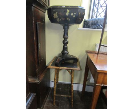 19th century lacquered teapoy on turned pillar and tripod with chinoiserie detail, a further bamboo occasional table with lac