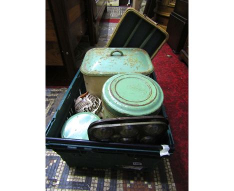 A quantity of vintage kitchen equipment including bread bin, flour bin, pastry moulds, etc.