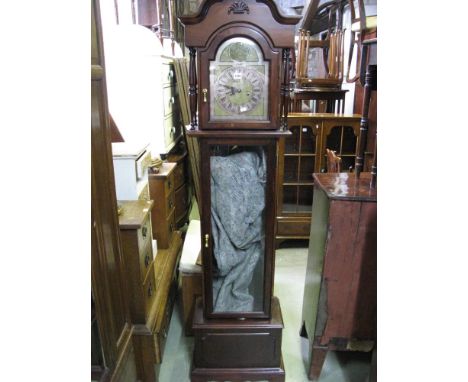 A reproduction stained beech wood, to simulate mahogany, longcase clock with arched hood and dial with glazed panelled door t