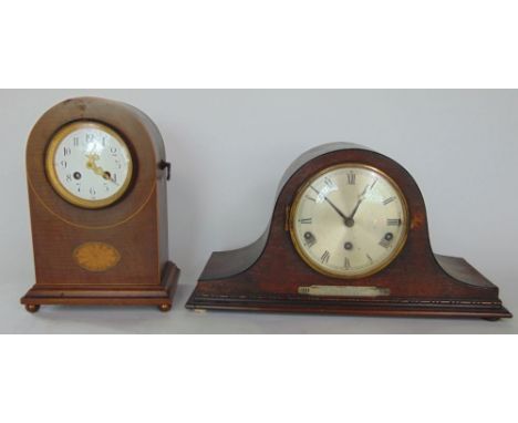 An Edwardian walnut and box wood inlaid lancet clock with 10 cm two train enamel dial together with a further three train Nap