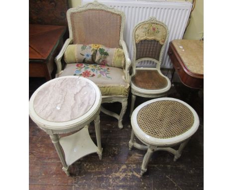 A Collection of 19th century and later French furniture all with painted finish comprising an open elbow chair with cane pane