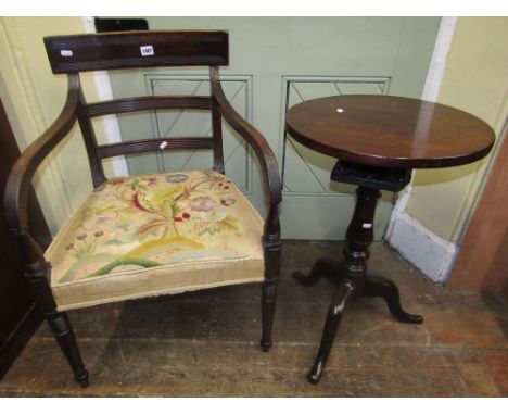 A Georgian mahogany elbow chair with reeded frame and hand work floral tapestry seat together with a Georgian mahogany occasi