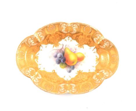 Royal Worcester fruit painted oval dish, date mark for 1921, lobed outlines, painted with pears and berries by Albert Shuck, 