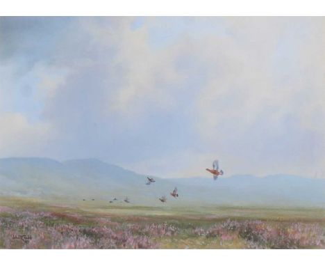 John R Todd,Partridge in flight,oil on board, signed and dated '97,23x32cm.
