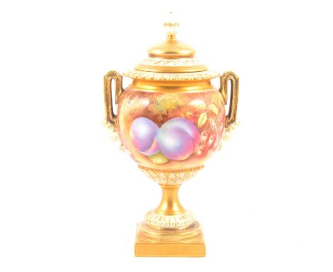 Royal Worcester fruit painted vase and cover, shape number 2363, pedestal form with twin loop handles, domed cover, painted b