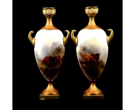 Pair of Royal Worcester vases, shape number 2063, date mark for 1912, painted with highland cattle by Harry Stinton, height 2