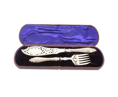 A pair of Victorian silver fish servers, Harrison Brothers &amp; Howson, Sheffield 1861, knife blade engraved with lake fishi