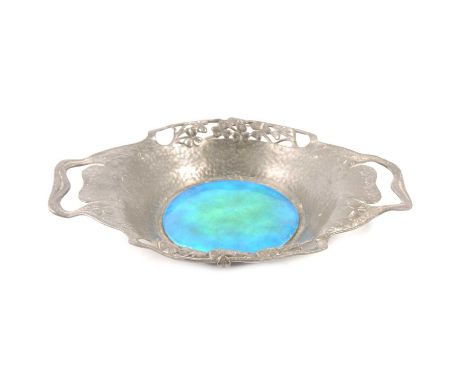 Tudric pewter and enamel twin-handled dish, retailed by Liberty &amp; Co., pierced clover-leaf borders, the central well with
