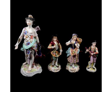 Sitzendorf porcelain figure, Juno with a peacock, height 20cm, a pair of smaller Dresden figures, Gardeners, 14.5cm, and anot