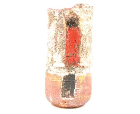 Robin Welch, a stoneware cylindrical vessel, textured surface with vertical bands of glazes and enamels, stamped initials, 19