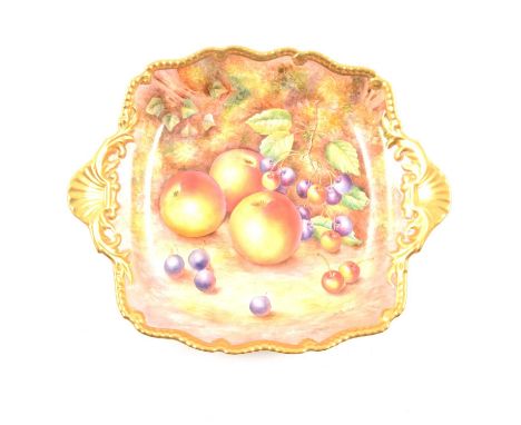 Royal Worcester fruit painted square two-handled dish, printed mark and titled "Hand painted fruit study", signed David Fulle