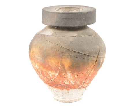 Studio ceramic vase, influenced by Hans Coper, deep flared rim, incised linear form, pottery seal mark (unidentified), 18.5cm