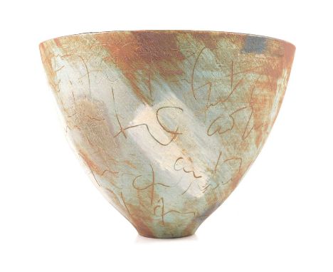 Asger Kristensen, a Danish studio ceramic bowl, the exterior with incised script, blue and white glazed ground, incised initi