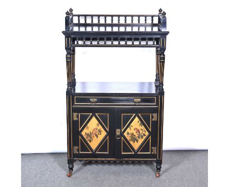 Late Victorian Aesthetic Movement side cabinet, the top with three quarter gallery above an open shelf, frieze drawer above a