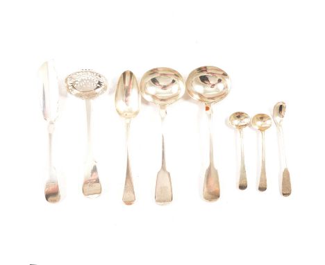 Pair of Victorian silver ladles, Henry Holland, London 1859, fiddle pattern handles with engraved crests, and other silver cu