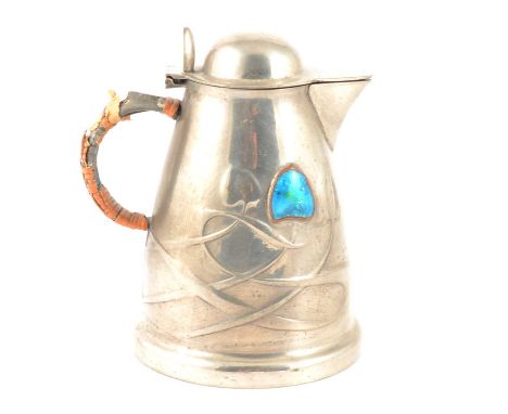 Tudric pewter hot water jug, designed by Archibald Knox for Liberty &amp; Co, the body cast with stylised enamelled buds (ena