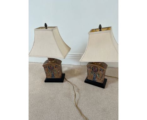 A pair of ceramic lamps on wooden bases 