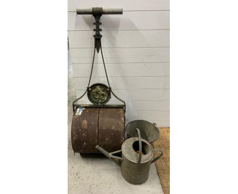A vintage roller and metal bucket etc