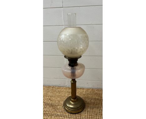 A Victorian brass table oil lamp with etched shade (H66cm)