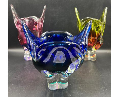 Three Bohemian Czean Art glass, pinks, blues and neon including Joseph Hospodka Condition Report Pink vase- light chips and s