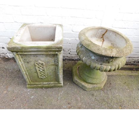 A reconstituted stone planter, of square section, 51cm high, 37cm diameter., together with a concrete planter on stand, of se