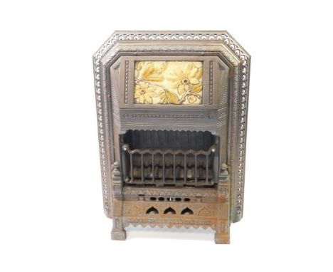A Victorian cast iron and enamel gas heater by T Fletcher of Warrington, cast with leaves, the hood bearing registration loze