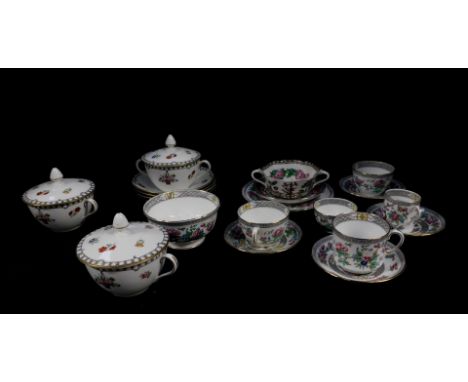 A group of Aynsley porcelain, including three soup cups, covers and four saucers, decorated with sprays of flowers, together 