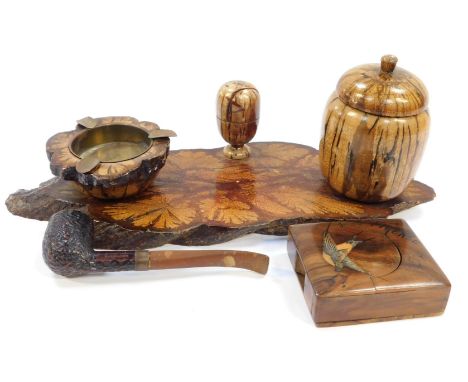 A treen smoker's set, with tobacco jar, matchbox holder and ashtray, The Darvill briar wood pipe, and an Italian olive wood p