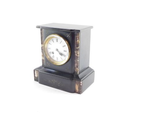 A Victorian slate and marble mantel clock, circular enamel dial bearing Roman numerals, eight day movement, with bell strike,