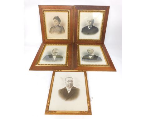 Four Belgian late 19thC photographic portrait lithographs, bust length of three gentleman and one lady, in oak and gilt gesso