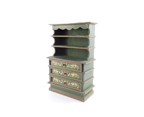 A painted miniature dresser, the two shelf Delft rack over three long drawers painted with birds and stemmed flowers, raised 