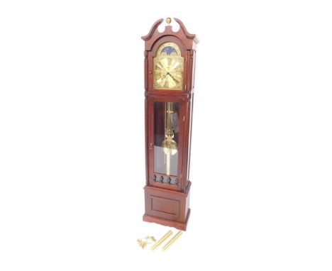 A Billi B mahogany cased grandmother clock, the brass break arch dial with astronomical date feature, dial with foliate spand