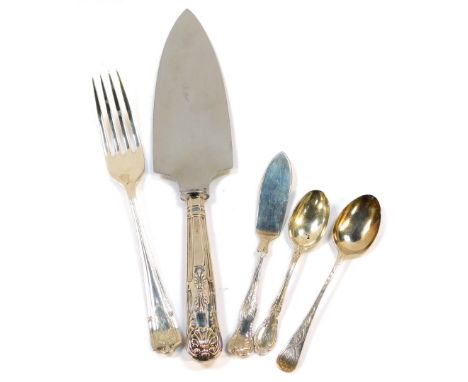 A George V silver table fork, Sheffield 1927., Kings pattern butter knife, Sheffield 1978., teaspoon, Birmingham 1899., and c