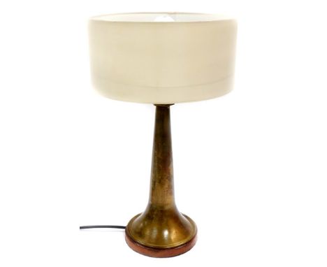 A retro brass table lamp, formed from a ship's fog horn trumpet, with shade, 28.5cm high.