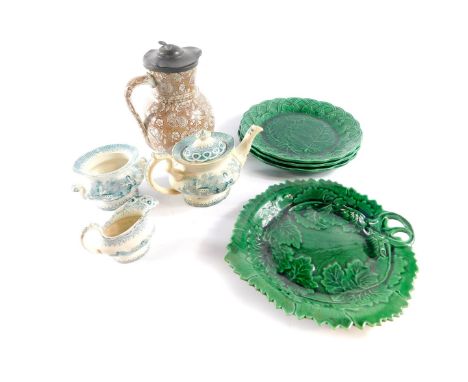 Three 19thC green leaf majolica plates, green leaf majolica dessert plate, pottery jug with pewter hinged lid transfer decora