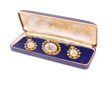 A French early 20thC 9ct gold seed pearl and enamel pendant, and a pair of earrings with screw fittings, each decorated with 