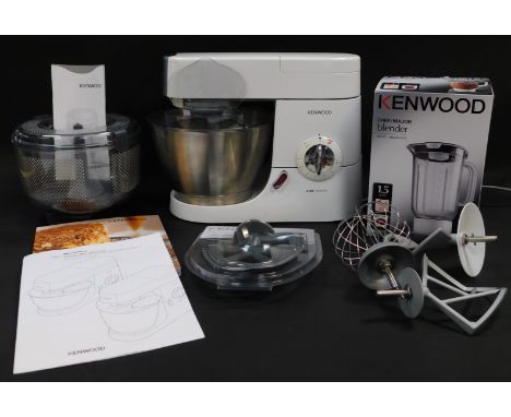 A Kenwood Chef Premier, with stainless steel mixing bowl, hooks, K and whisk beaters, together with a flexible beater, instru