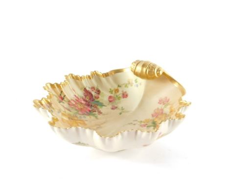 A Royal Worcester blush porcelain dish, c1903, of scallop shell form, painted with sprays of flowers, No 1274., printed and i