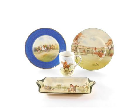 A Royal Crown Derby porcelain John Peel hunting mug, Royal Doulton fox hunting plate, series ware dish and a further plate de