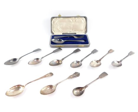 Seven George III and later silver teaspoons, a Victorian silver mustard spoon, London 1859., a Lord Roberts VC commemorative 