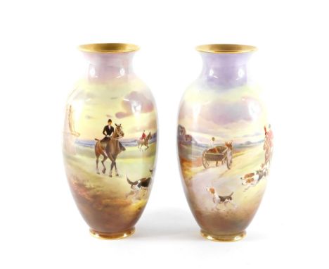 A pair of Royal Doulton porcelain vases by J Hancock, early 20thC, painted with hunting scenes, RA5961E, printed and painted 